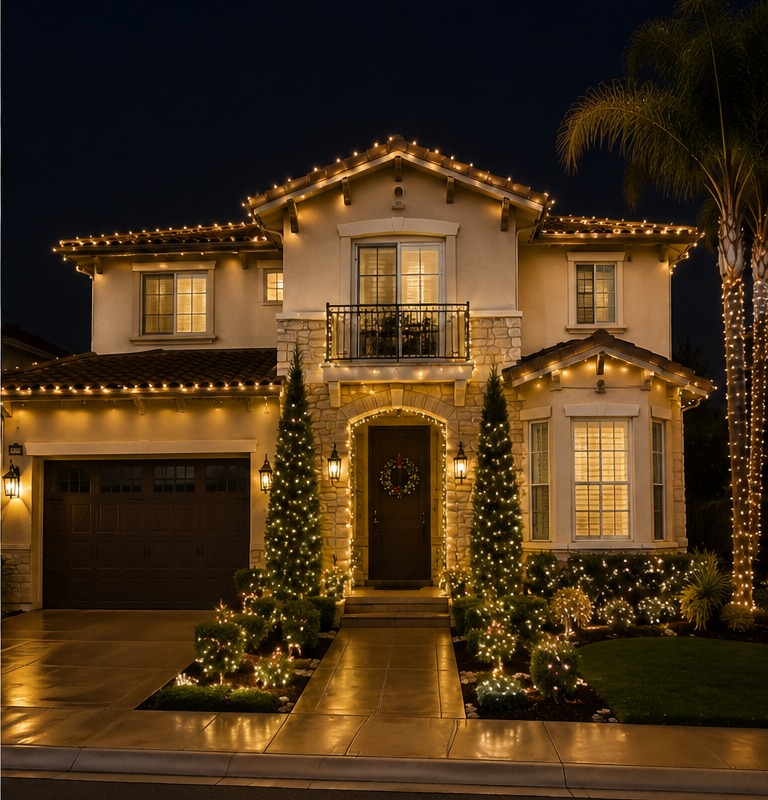 Home decorated with warm Christmas lights at night